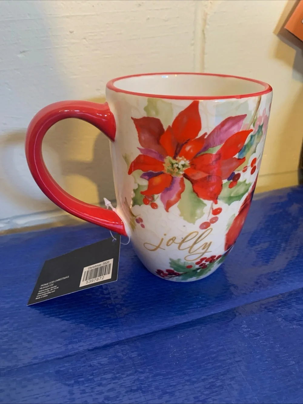 Red Ceramic Mug  with 'Home for Christmas' Tag
